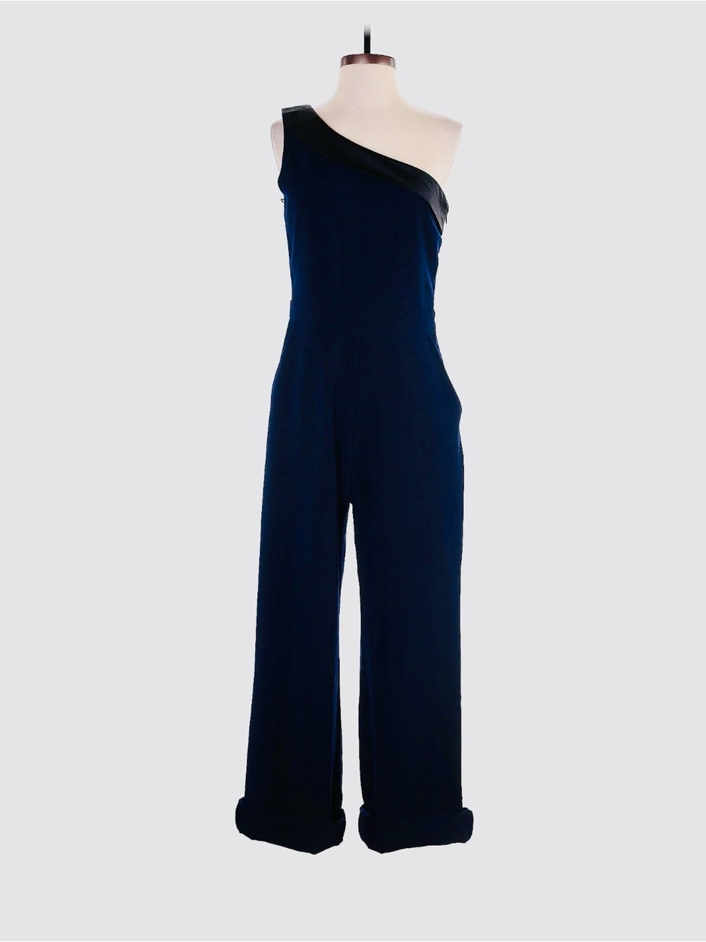 1901 Navy One-Shoulder Jumpsuit with Black Trim